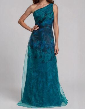 Rene Ruiz Women's Blue Floral One-Shoulder Organza Gown Dress Size 16